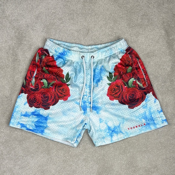 YoungLA Blue and Red Rose Athletic Shorts - Picture 1 of 3
